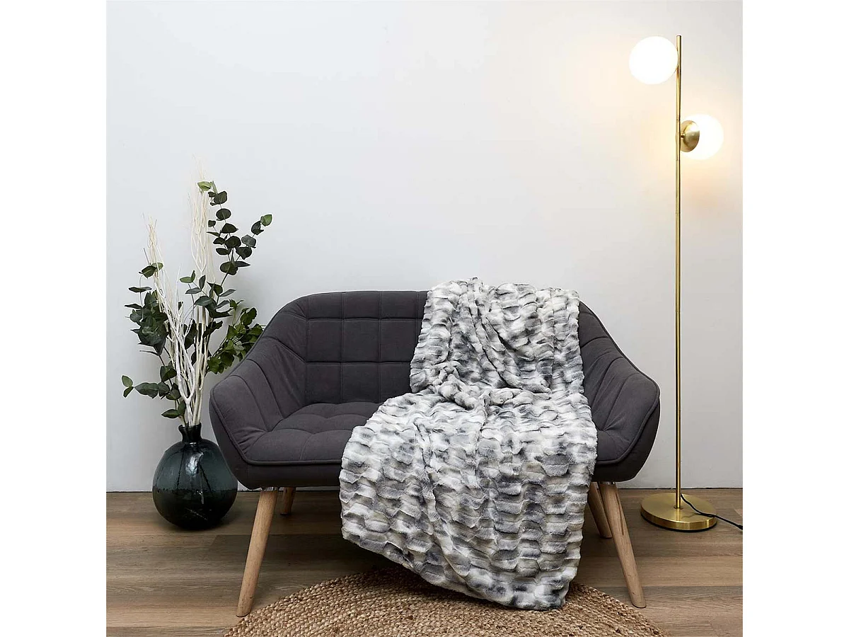 Plaid Ultra Doux 140x200cm Imitation Fourrure Texturée Ombrée Coloris Gris et Blanc - FLUFFY