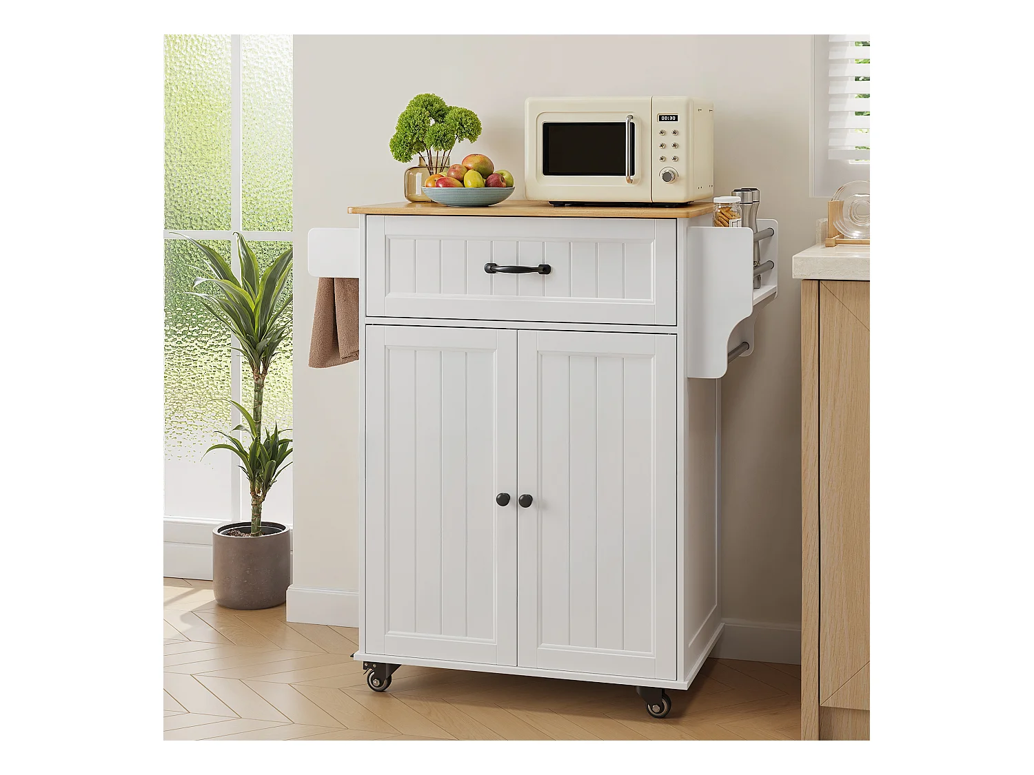Chariot de Cuisine Blanc avec Plan de Travail et Tiroir - 45 x 65 x 91 cm