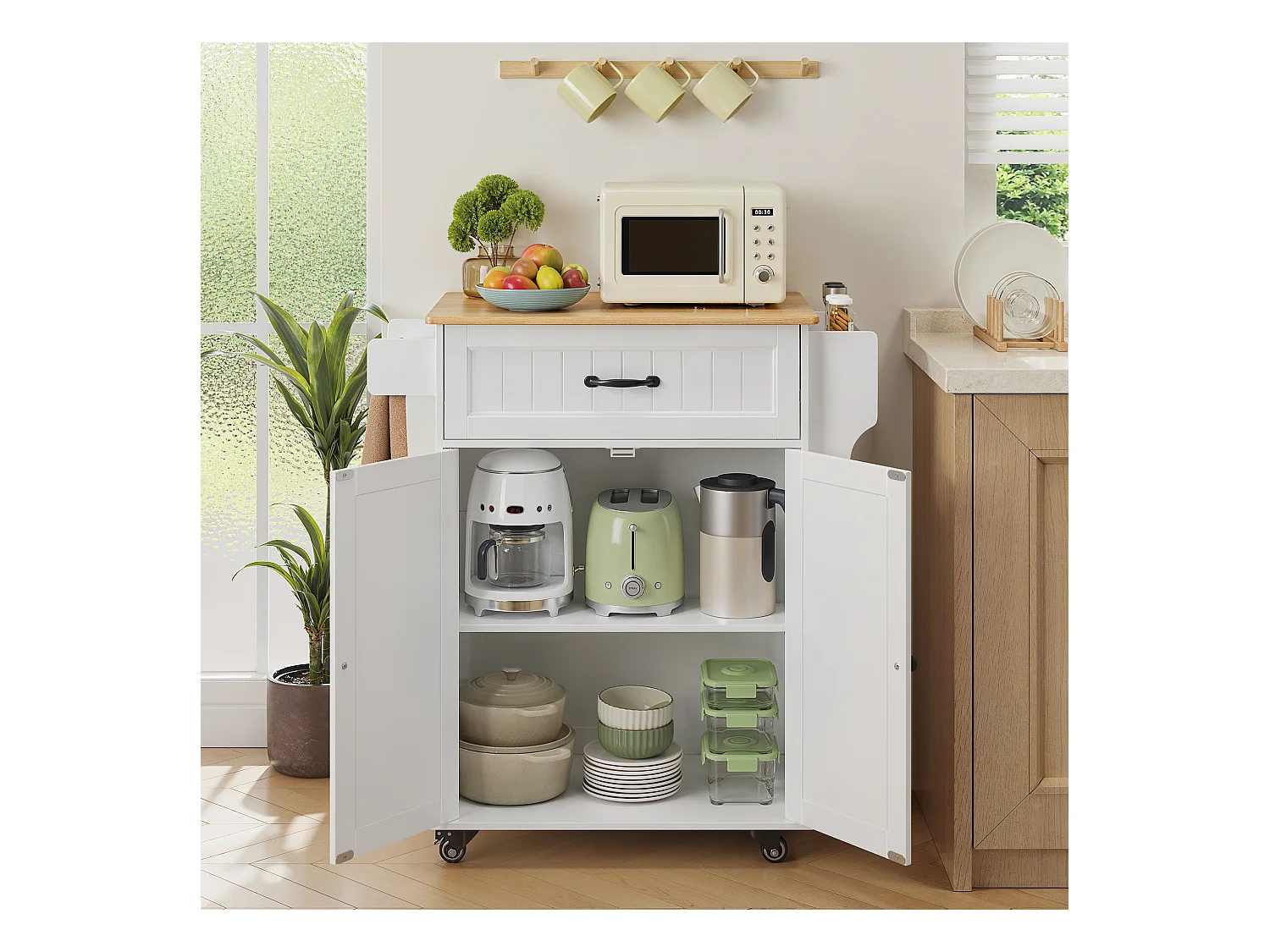 Chariot de Cuisine Blanc avec Plan de Travail et Tiroir - 45 x 65 x 91 cm