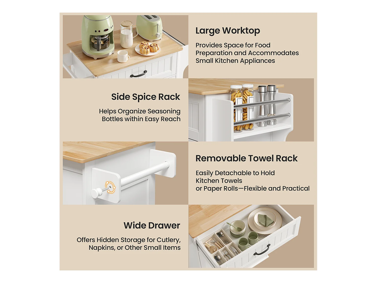 Chariot de Cuisine Blanc avec Plan de Travail et Tiroir - 45 x 65 x 91 cm