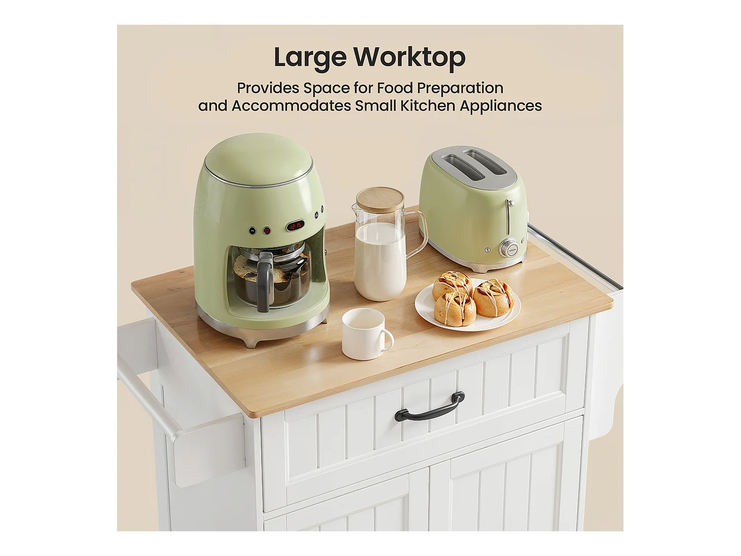 Chariot de Cuisine Blanc avec Plan de Travail et Tiroir - 45 x 65 x 91 cm