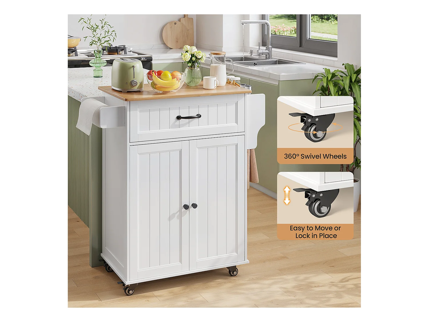 Chariot de Cuisine Blanc avec Plan de Travail et Tiroir - 45 x 65 x 91 cm