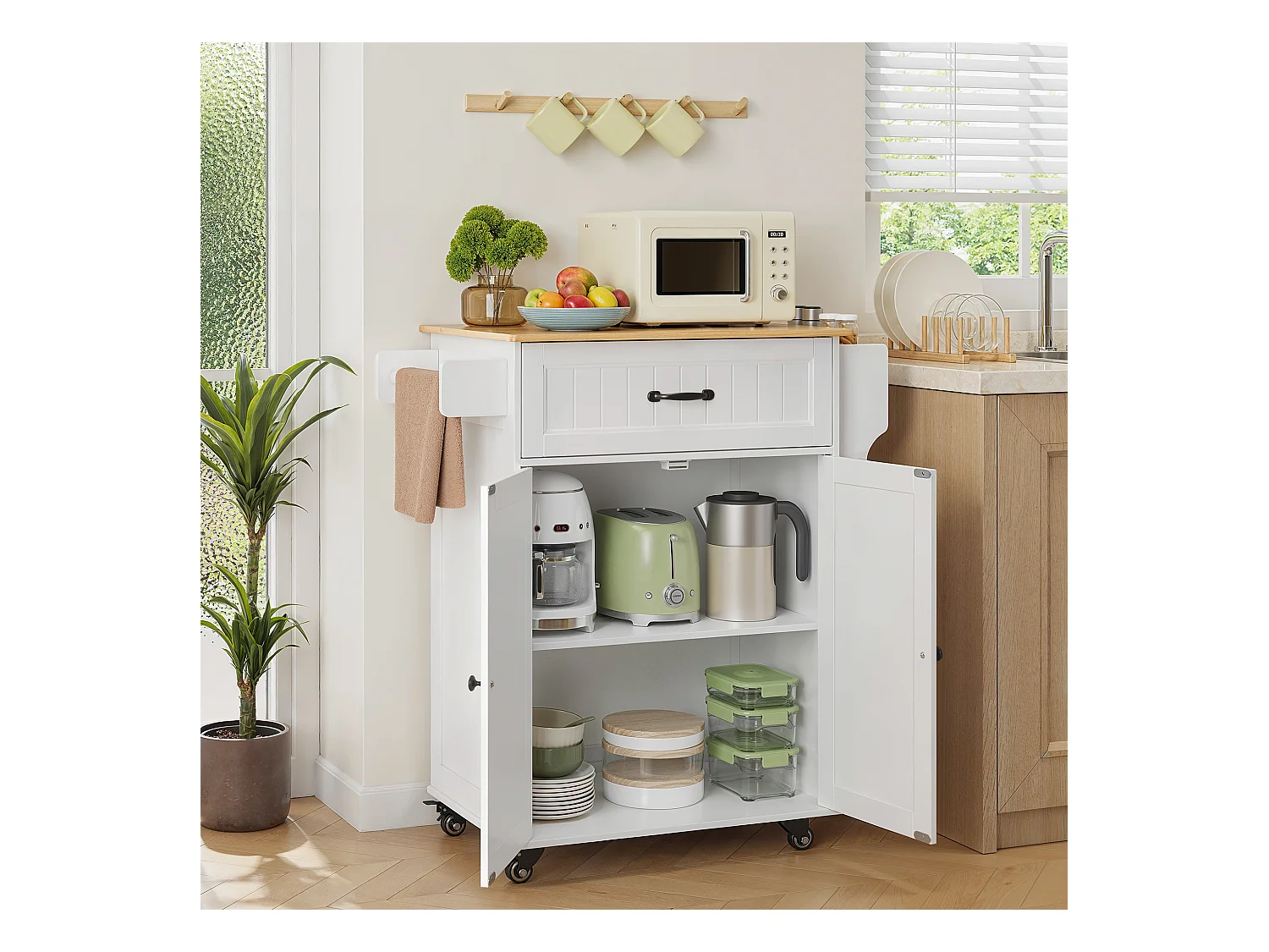 Chariot de Cuisine Blanc avec Plan de Travail et Tiroir - 45 x 65 x 91 cm
