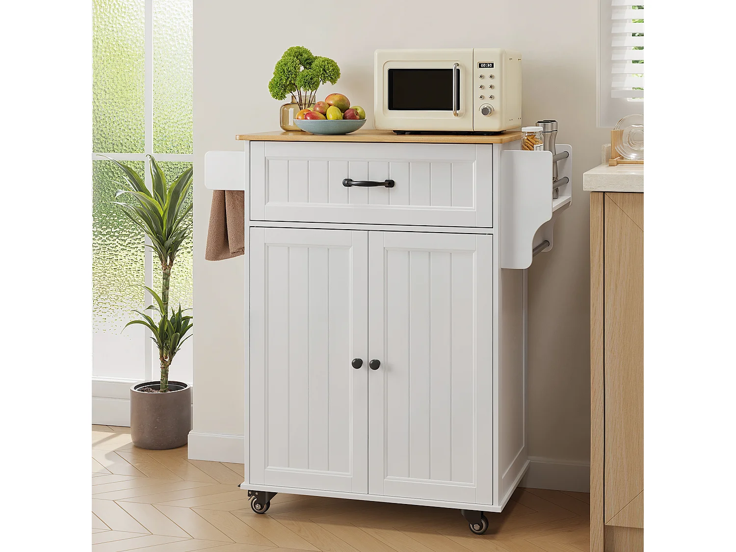 Chariot de Cuisine Blanc avec Plan de Travail et Tiroir - 45 x 65 x 91 cm