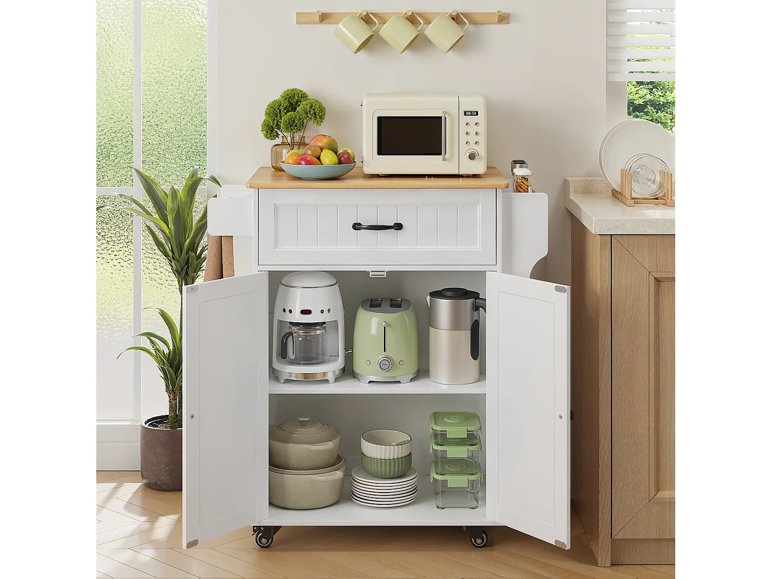 Chariot de Cuisine Blanc avec Plan de Travail et Tiroir - 45 x 65 x 91 cm
