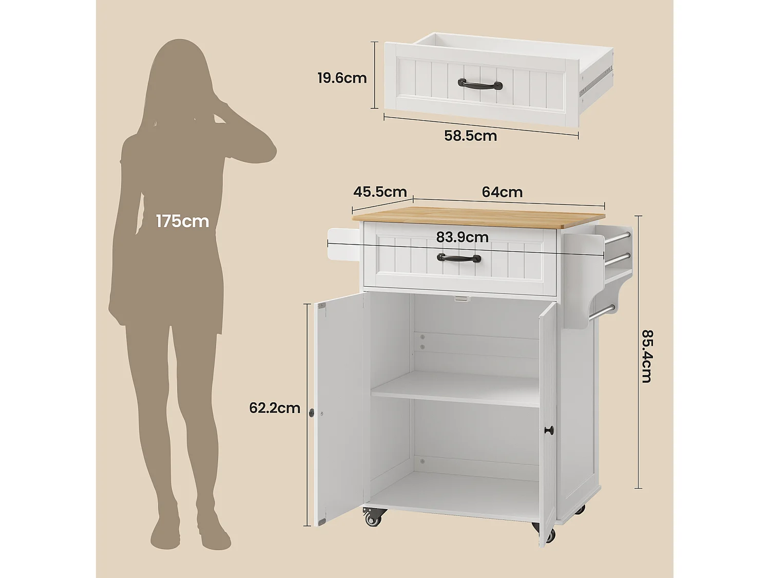 Chariot de Cuisine Blanc avec Plan de Travail et Tiroir - 45 x 65 x 91 cm