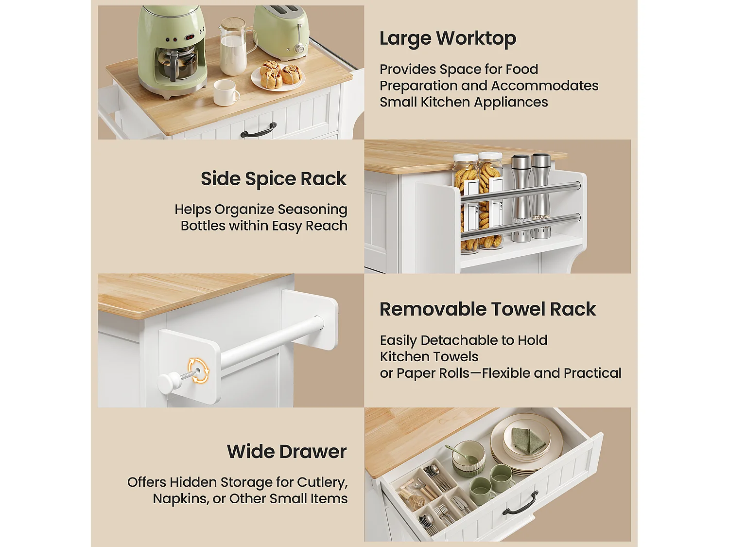 Chariot de Cuisine Blanc avec Plan de Travail et Tiroir - 45 x 65 x 91 cm