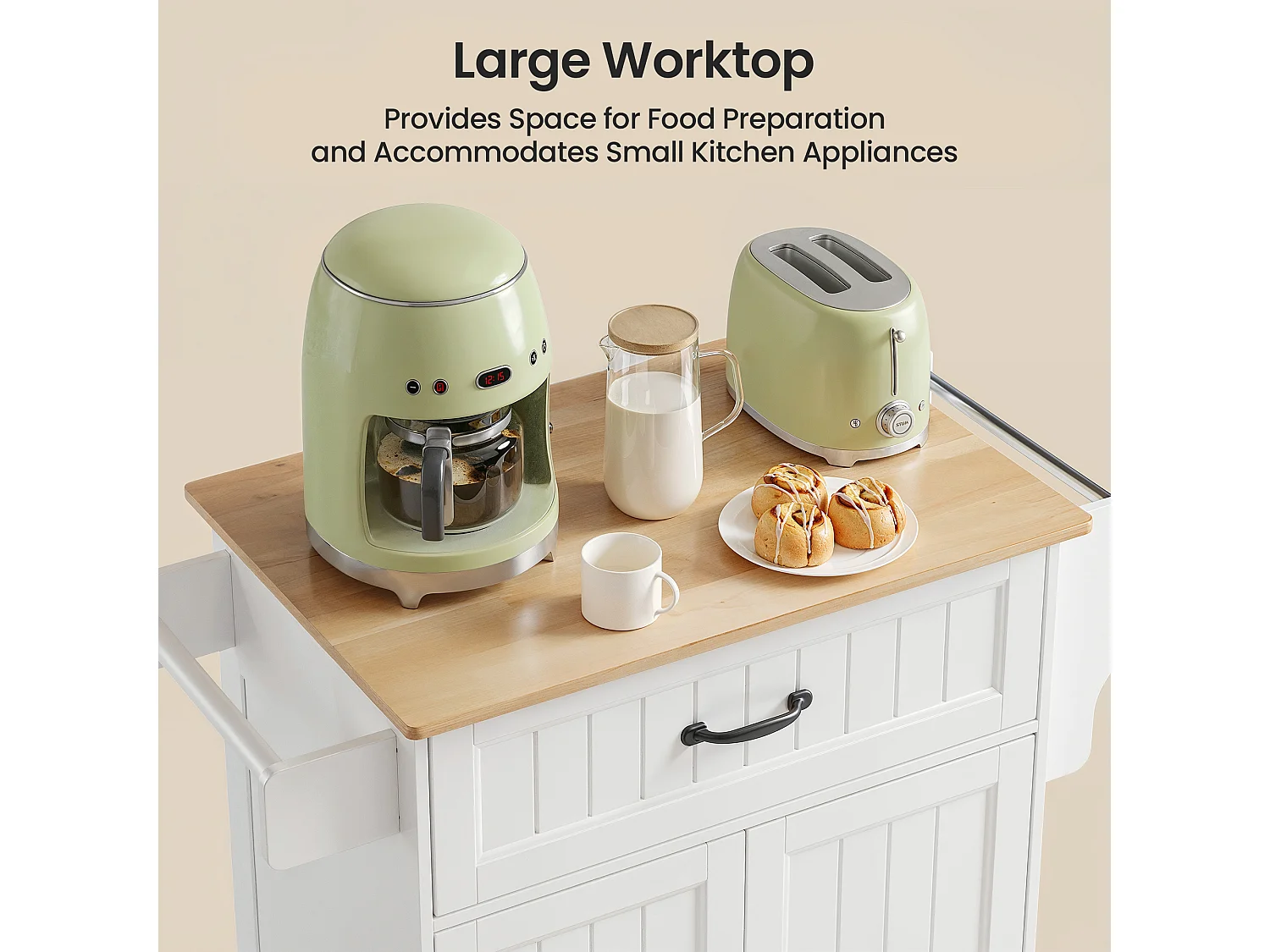 Chariot de Cuisine Blanc avec Plan de Travail et Tiroir - 45 x 65 x 91 cm