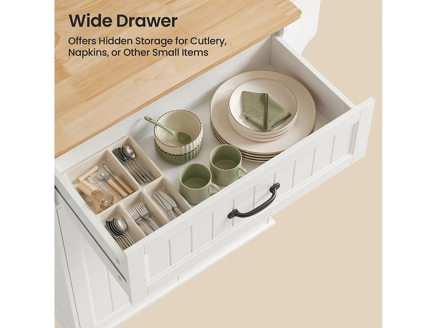 Chariot de Cuisine Blanc avec Plan de Travail et Tiroir - 45 x 65 x 91 cm