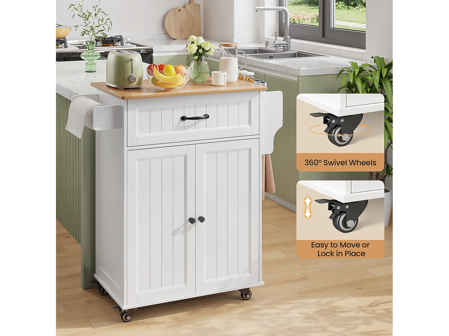 Chariot de Cuisine Blanc avec Plan de Travail et Tiroir - 45 x 65 x 91 cm