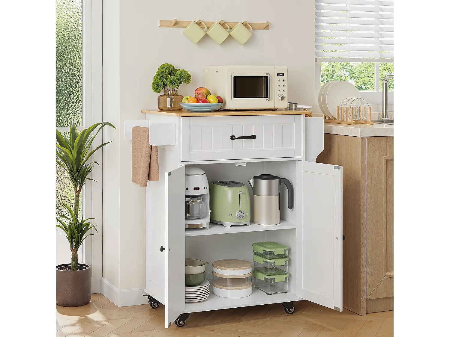 Chariot de Cuisine Blanc avec Plan de Travail et Tiroir - 45 x 65 x 91 cm