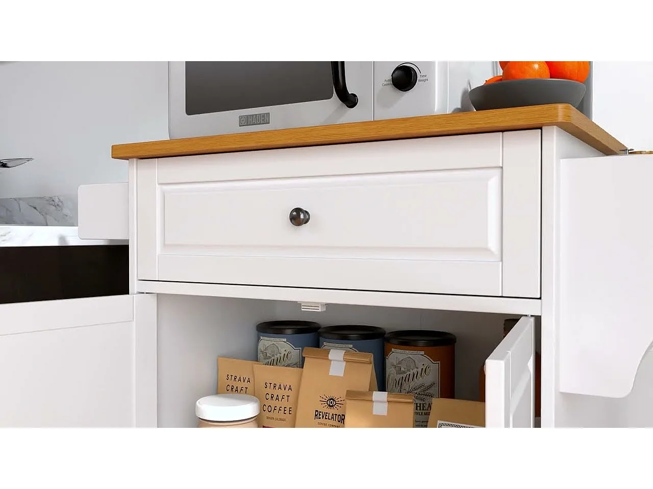 Chariot de Cuisine Blanc avec Plan de Travail et Tiroir - 45 x 65 x 91 cm