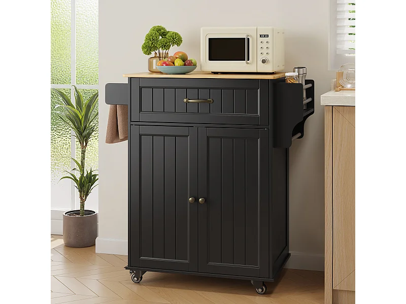 Chariot de Cuisine Noir avec Plan de Travail et Tiroir - 45 x 65 x 91 cm