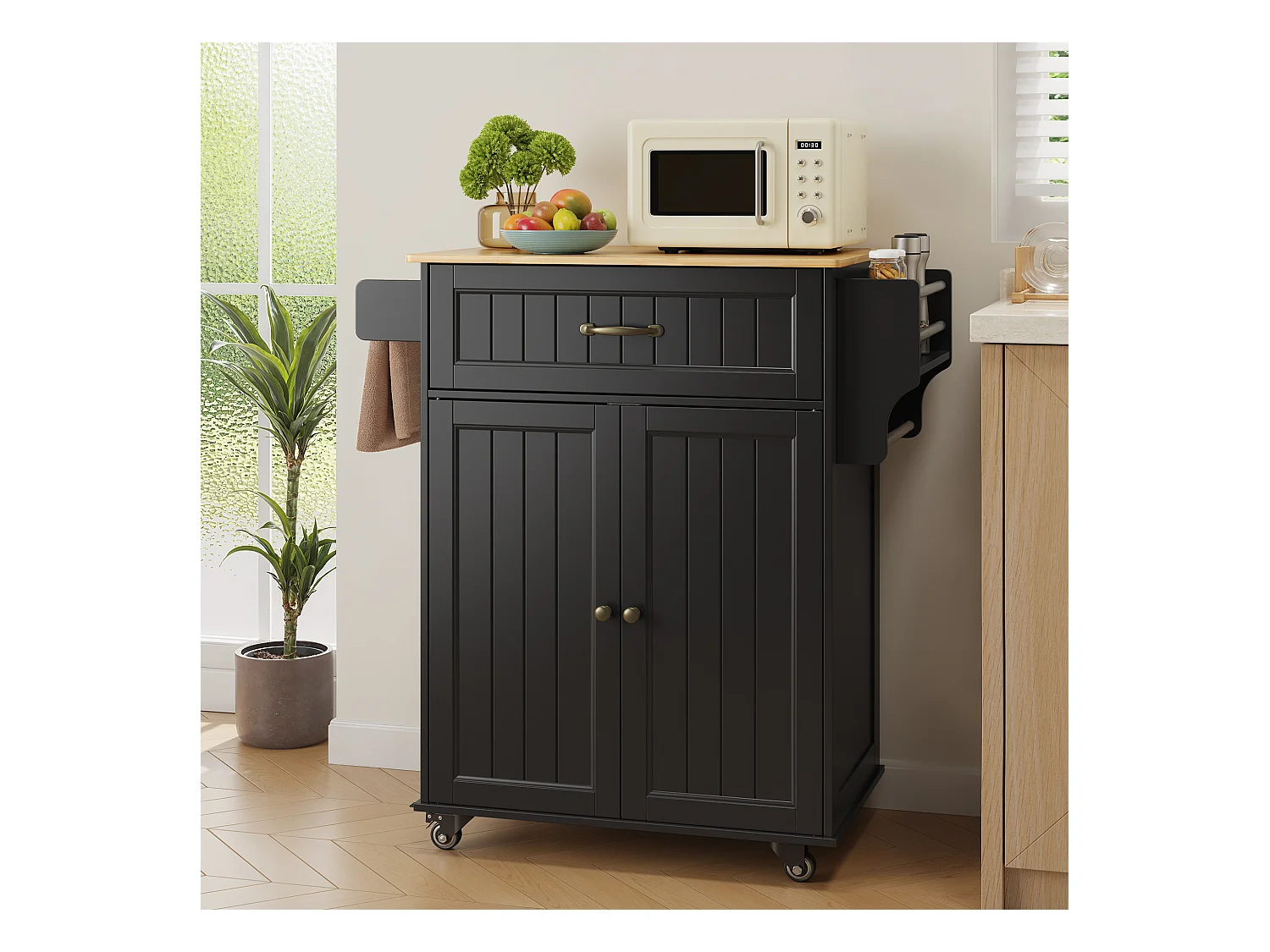 Chariot de Cuisine Noir avec Plan de Travail et Tiroir - 45 x 65 x 91 cm