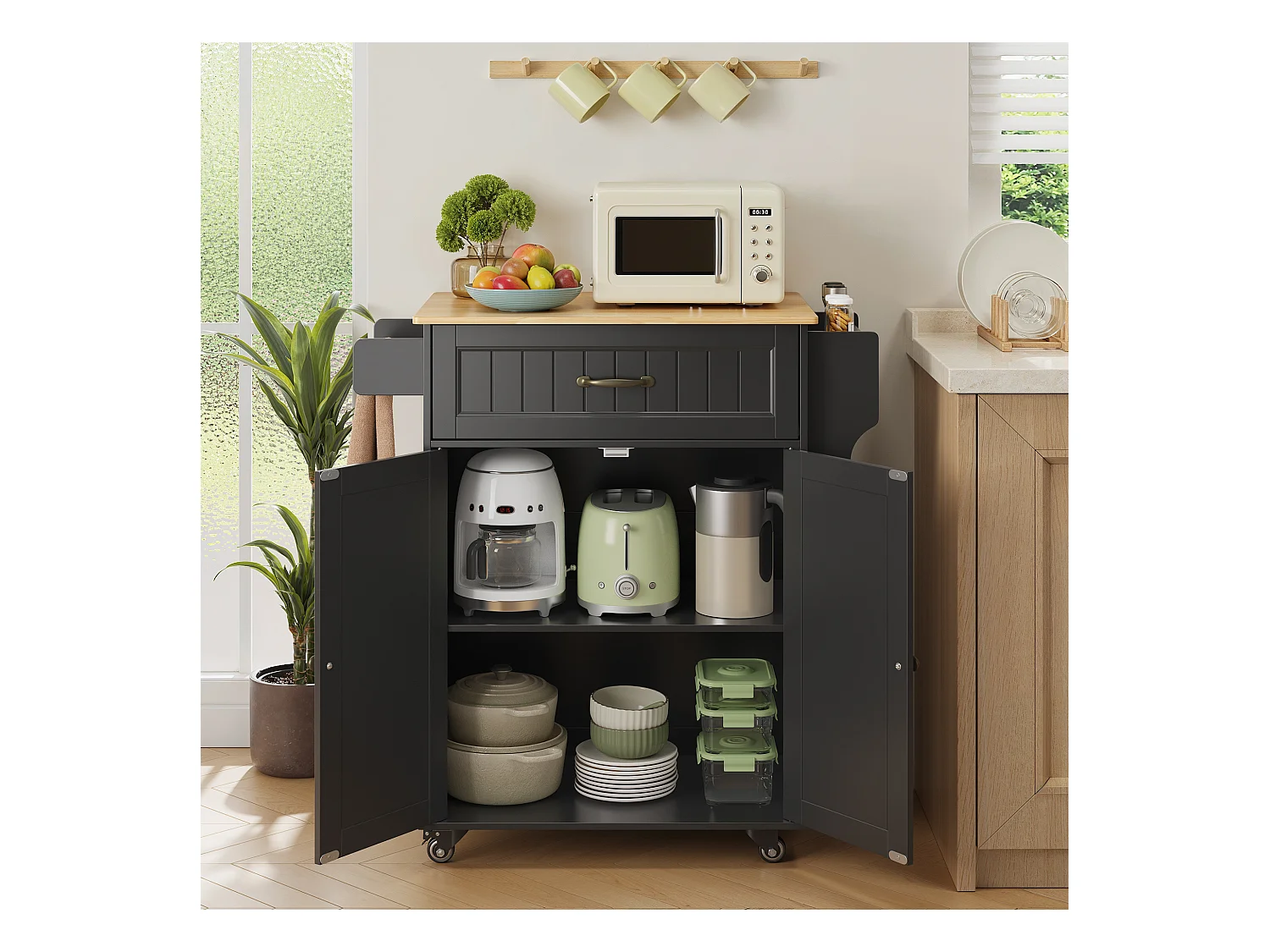 Chariot de Cuisine Noir avec Plan de Travail et Tiroir - 45 x 65 x 91 cm