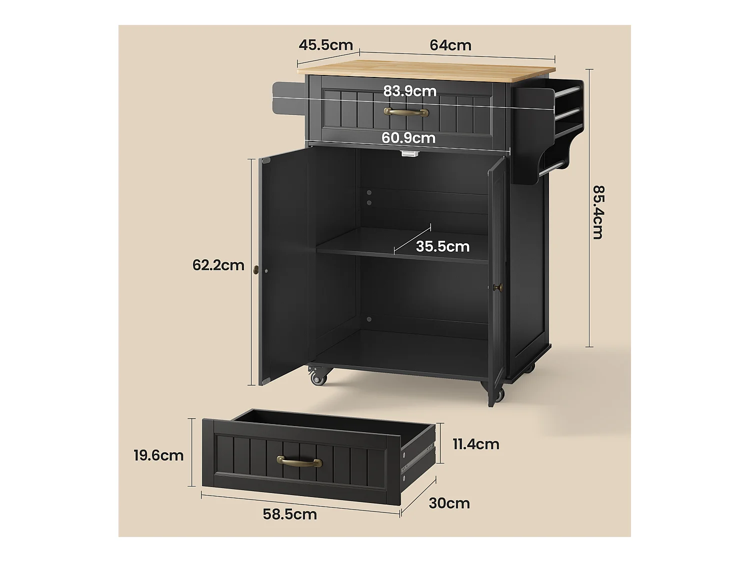 Chariot de Cuisine Noir avec Plan de Travail et Tiroir - 45 x 65 x 91 cm