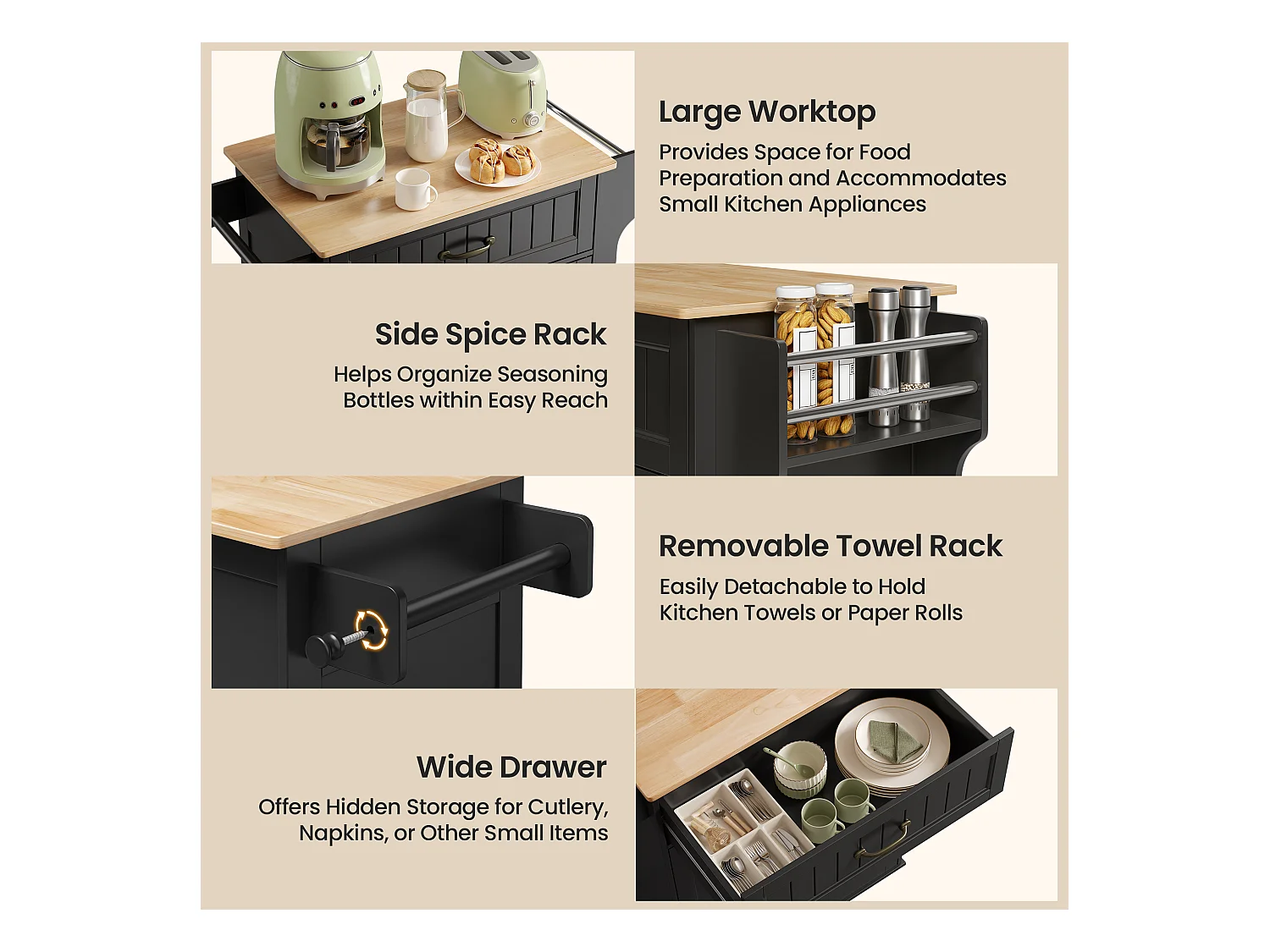 Chariot de Cuisine Noir avec Plan de Travail et Tiroir - 45 x 65 x 91 cm