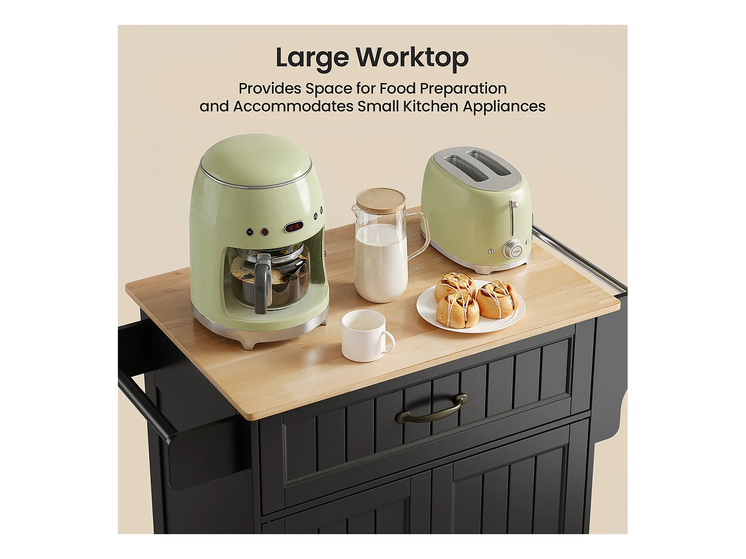 Chariot de Cuisine Noir avec Plan de Travail et Tiroir - 45 x 65 x 91 cm