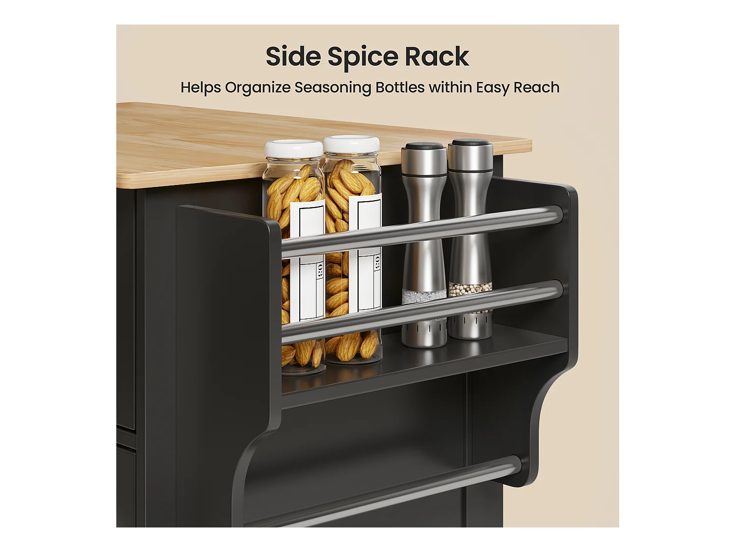 Chariot de Cuisine Noir avec Plan de Travail et Tiroir - 45 x 65 x 91 cm