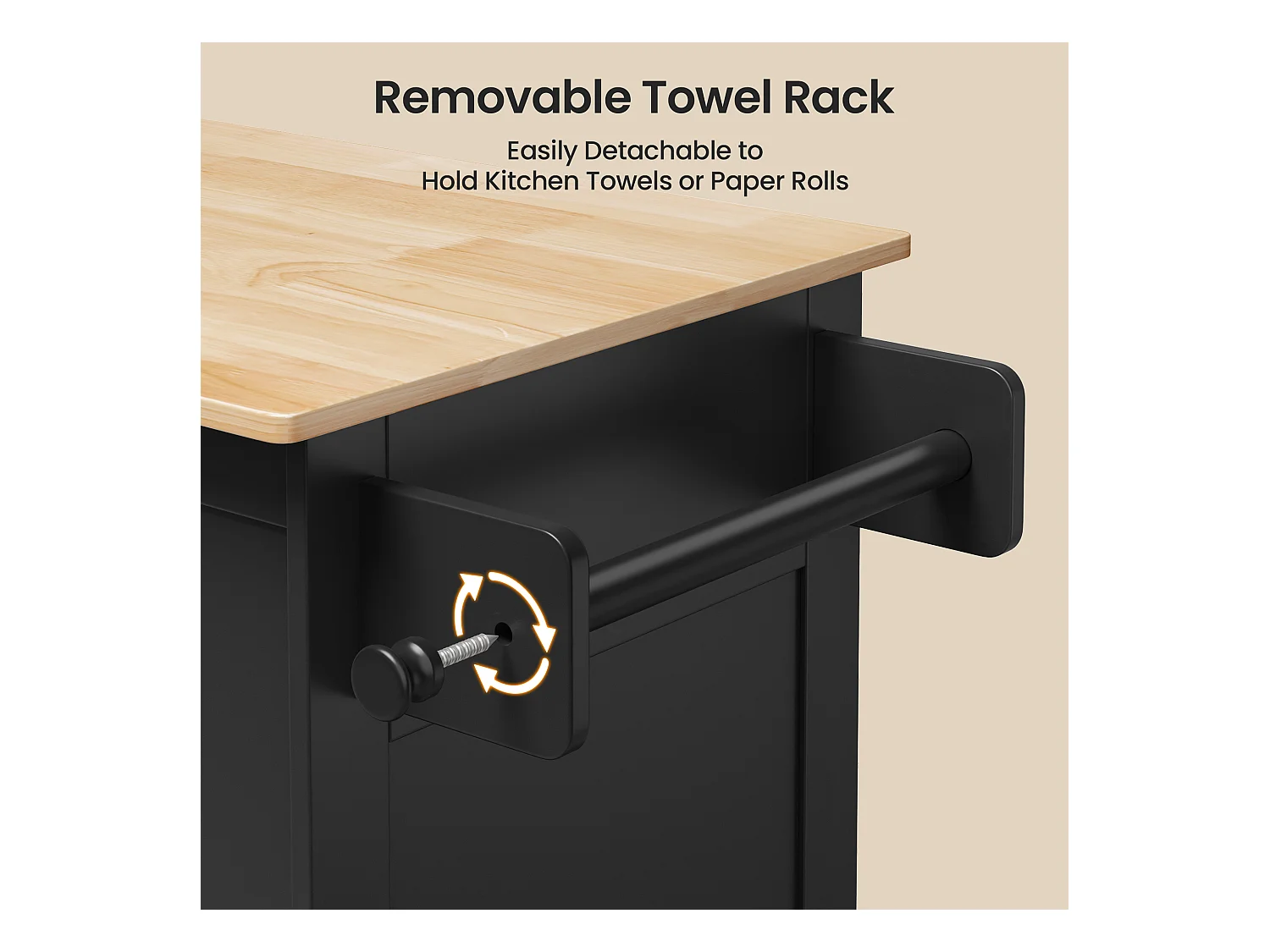 Chariot de Cuisine Noir avec Plan de Travail et Tiroir - 45 x 65 x 91 cm