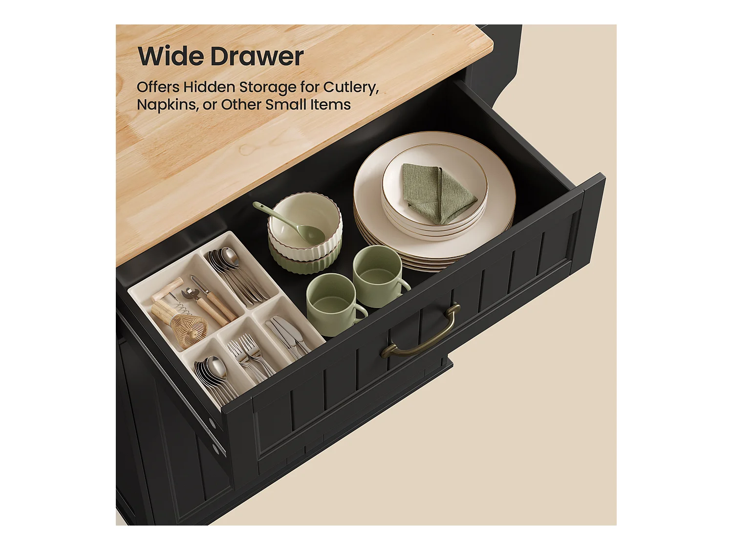 Chariot de Cuisine Noir avec Plan de Travail et Tiroir - 45 x 65 x 91 cm