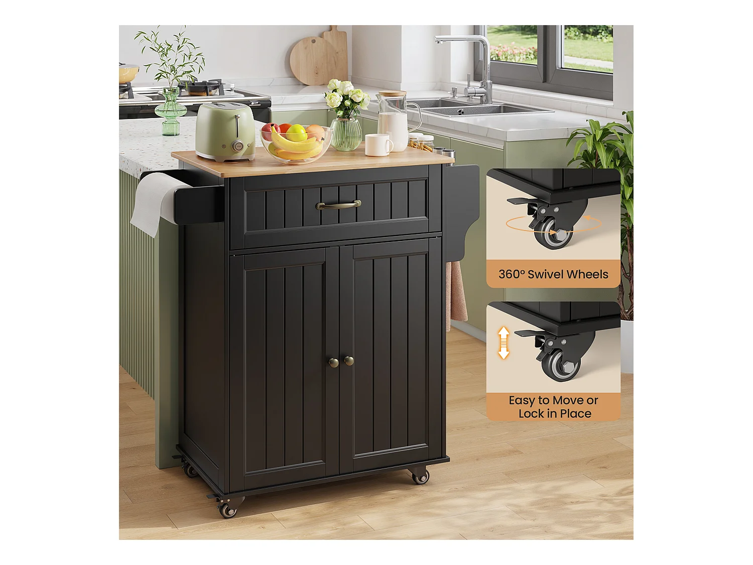 Chariot de Cuisine Noir avec Plan de Travail et Tiroir - 45 x 65 x 91 cm