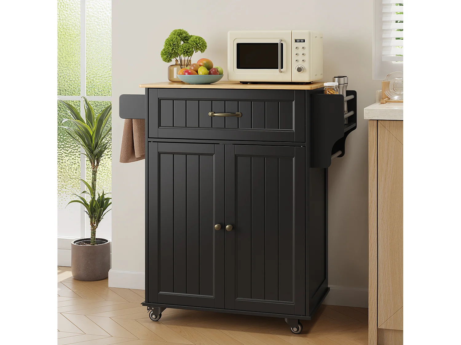 Chariot de Cuisine Noir avec Plan de Travail et Tiroir - 45 x 65 x 91 cm