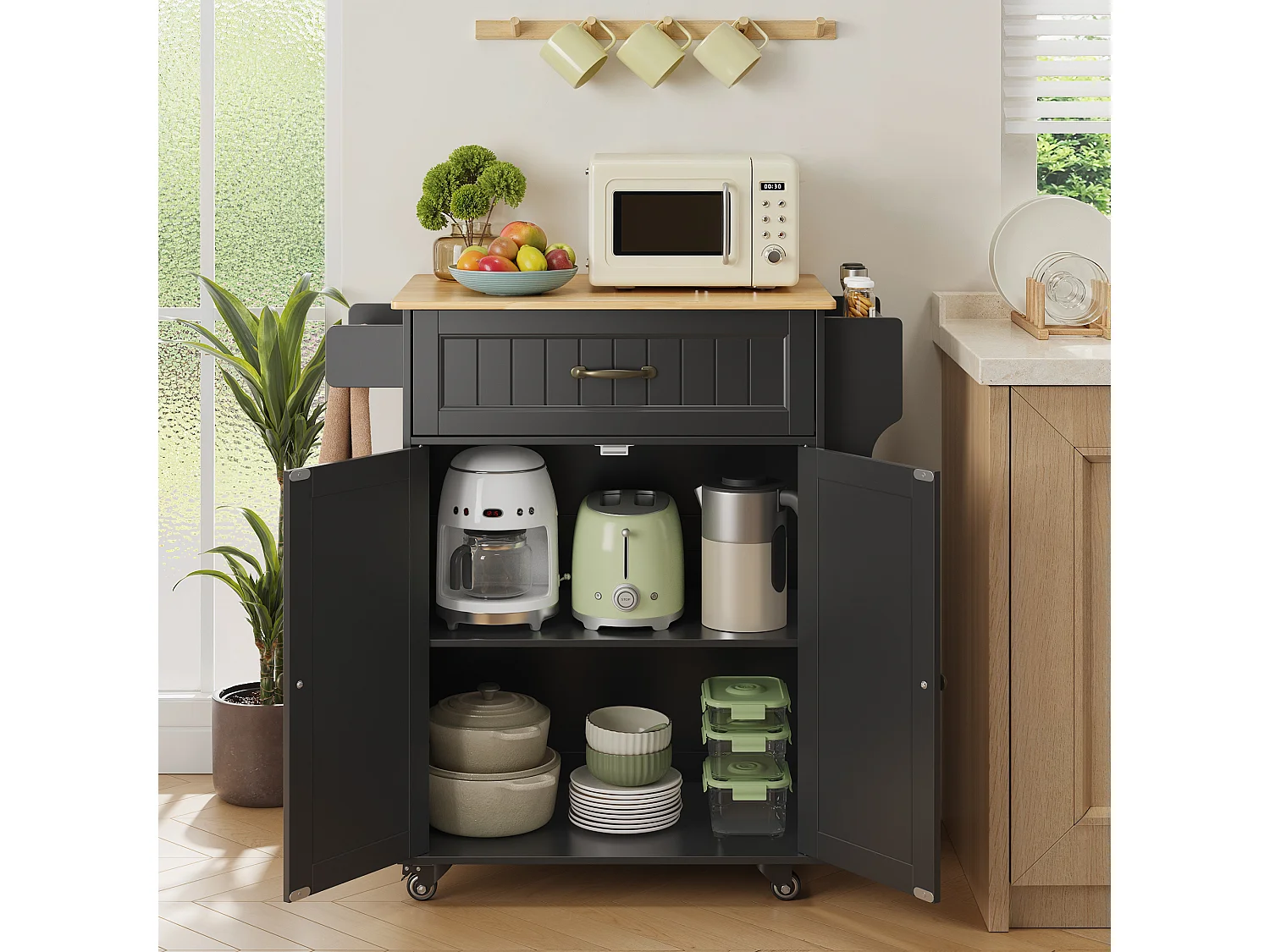 Chariot de Cuisine Noir avec Plan de Travail et Tiroir - 45 x 65 x 91 cm