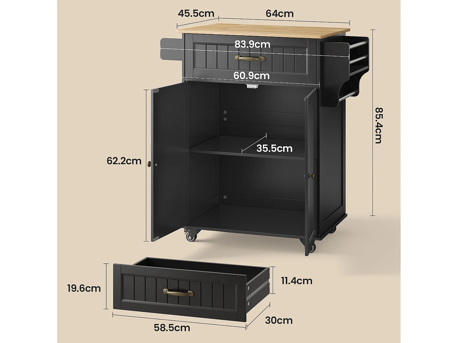 Chariot de Cuisine Noir avec Plan de Travail et Tiroir - 45 x 65 x 91 cm