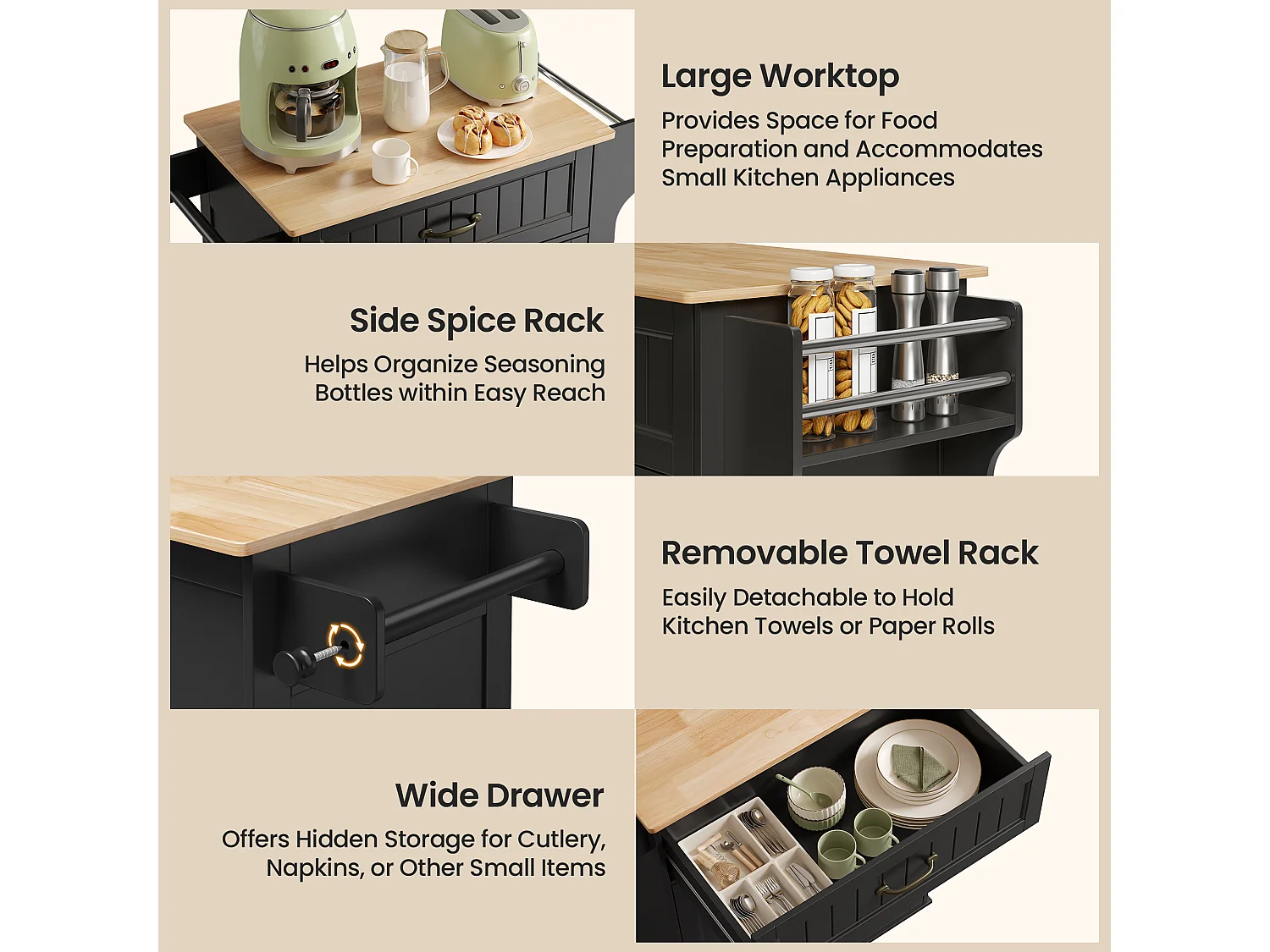 Chariot de Cuisine Noir avec Plan de Travail et Tiroir - 45 x 65 x 91 cm