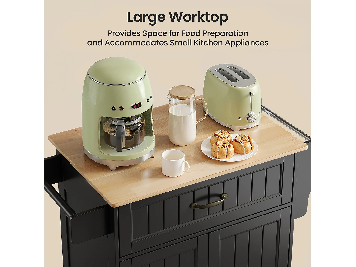 Chariot de Cuisine Noir avec Plan de Travail et Tiroir - 45 x 65 x 91 cm