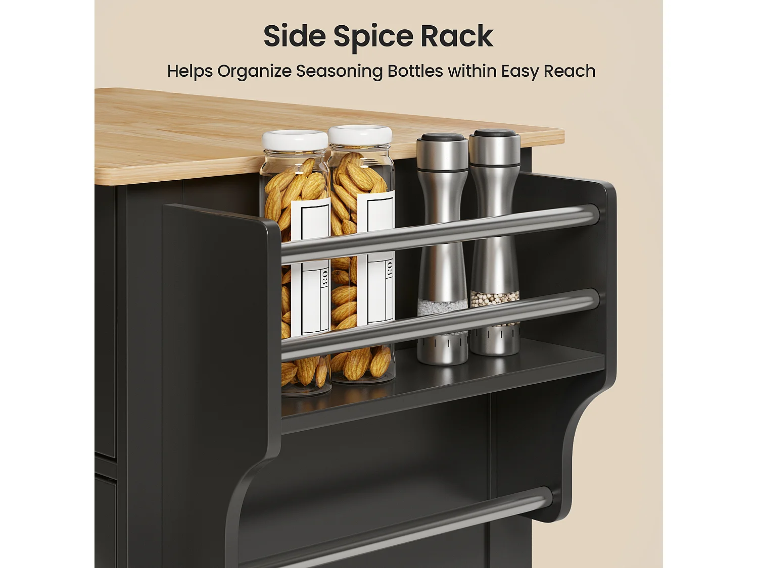 Chariot de Cuisine Noir avec Plan de Travail et Tiroir - 45 x 65 x 91 cm