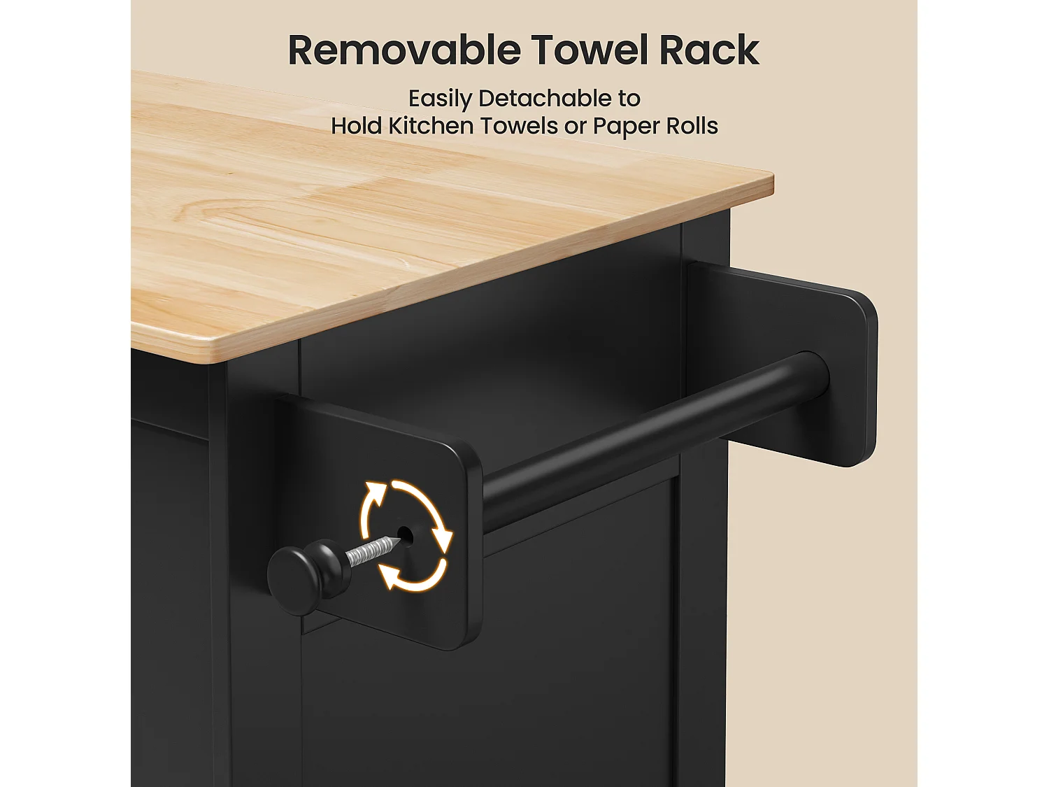 Chariot de Cuisine Noir avec Plan de Travail et Tiroir - 45 x 65 x 91 cm