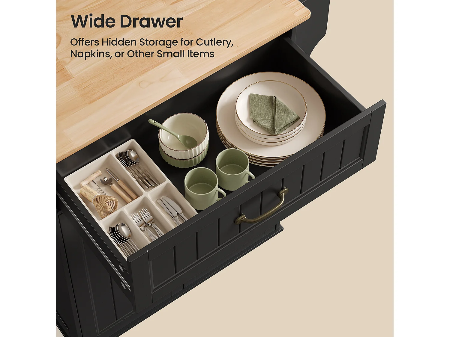 Chariot de Cuisine Noir avec Plan de Travail et Tiroir - 45 x 65 x 91 cm