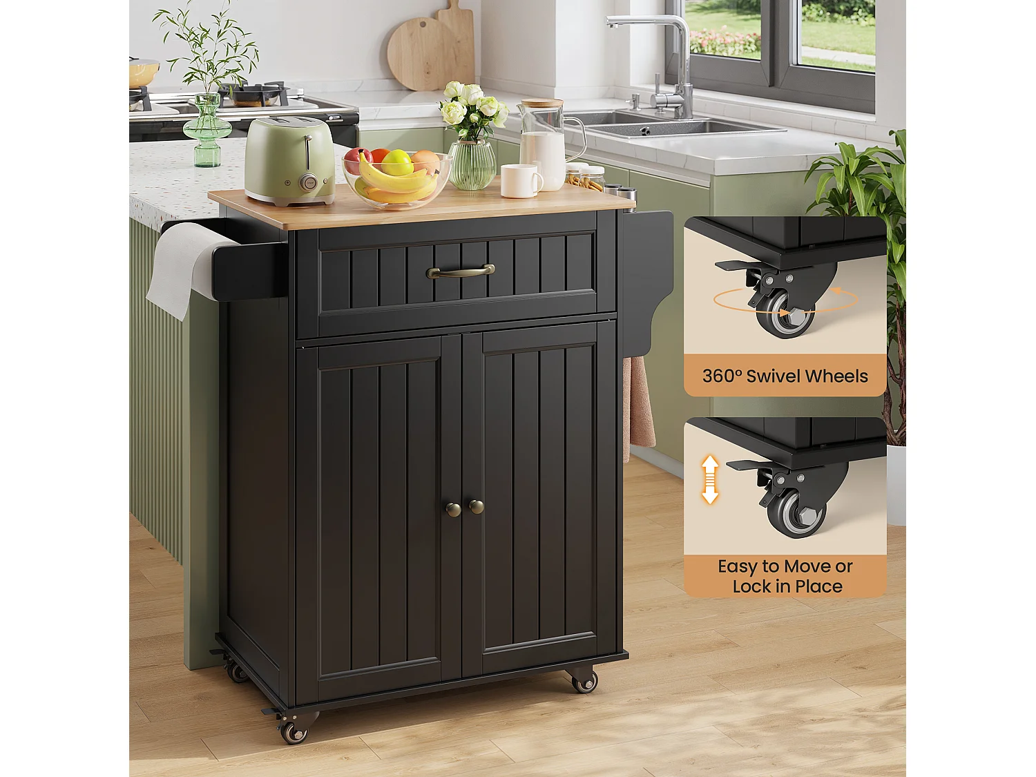 Chariot de Cuisine Noir avec Plan de Travail et Tiroir - 45 x 65 x 91 cm