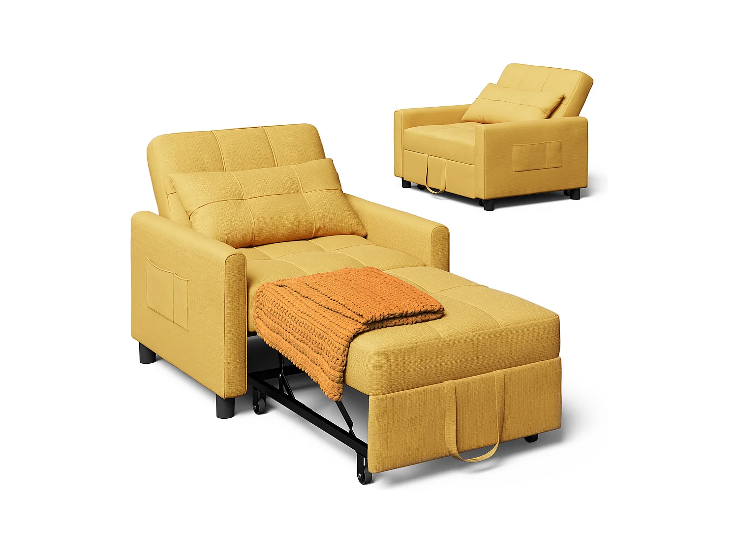 Fauteuil Convertible Bealife Fauteuil Lit Canapé 1 Place Chaise Longue Coussin Roues,Jaune