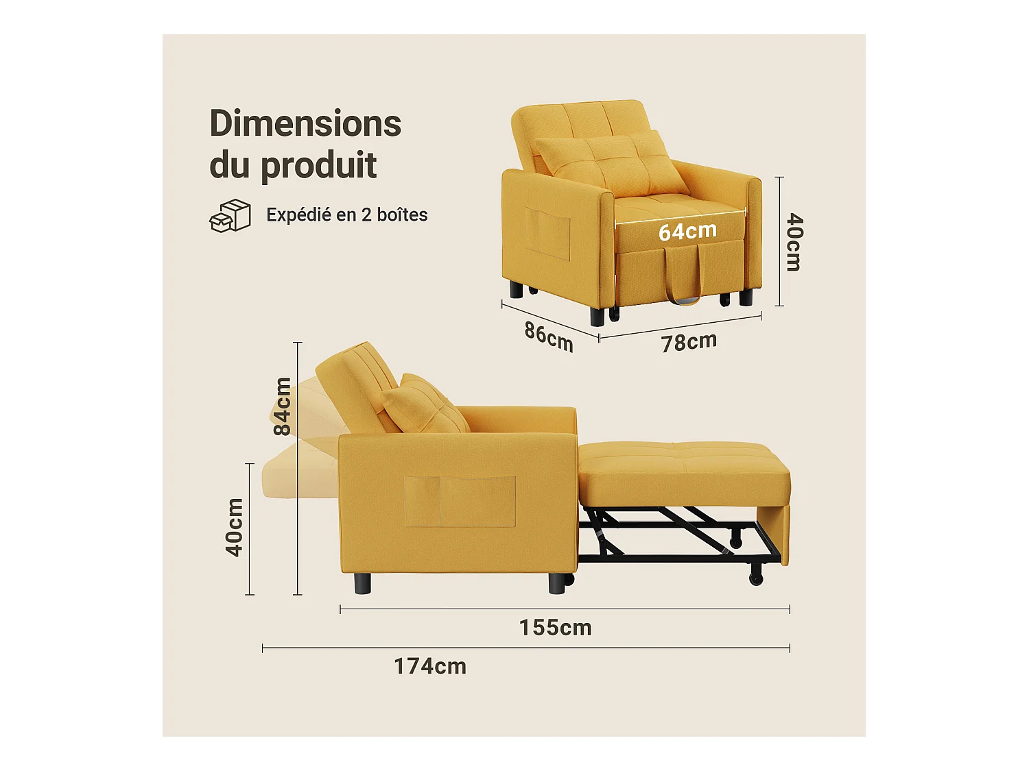 Fauteuil Convertible Bealife Fauteuil Lit Canapé 1 Place Chaise Longue Coussin Roues,Jaune