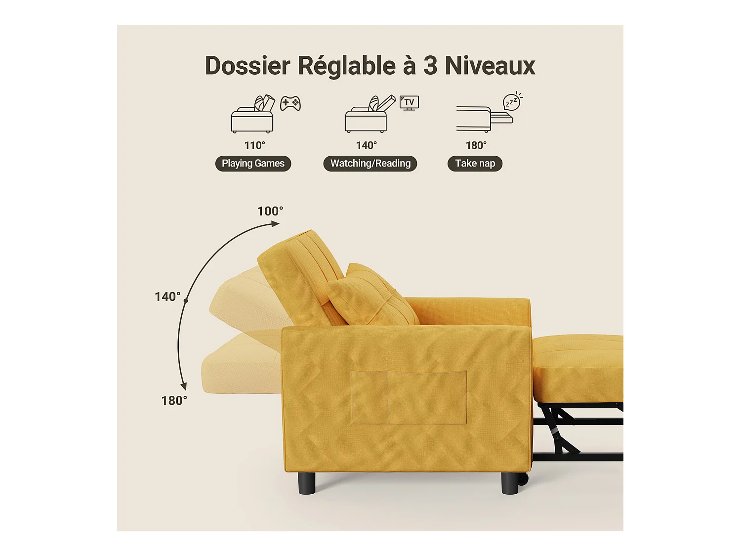 Fauteuil Convertible Bealife Fauteuil Lit Canapé 1 Place Chaise Longue Coussin Roues,Jaune