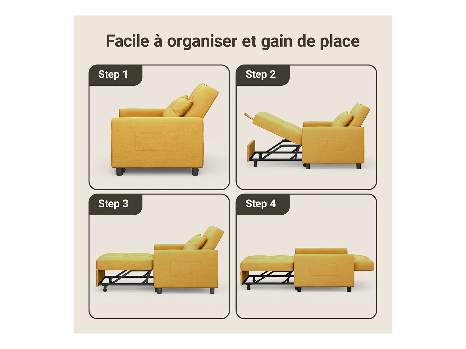 Fauteuil Convertible Bealife Fauteuil Lit Canapé 1 Place Chaise Longue Coussin Roues,Jaune