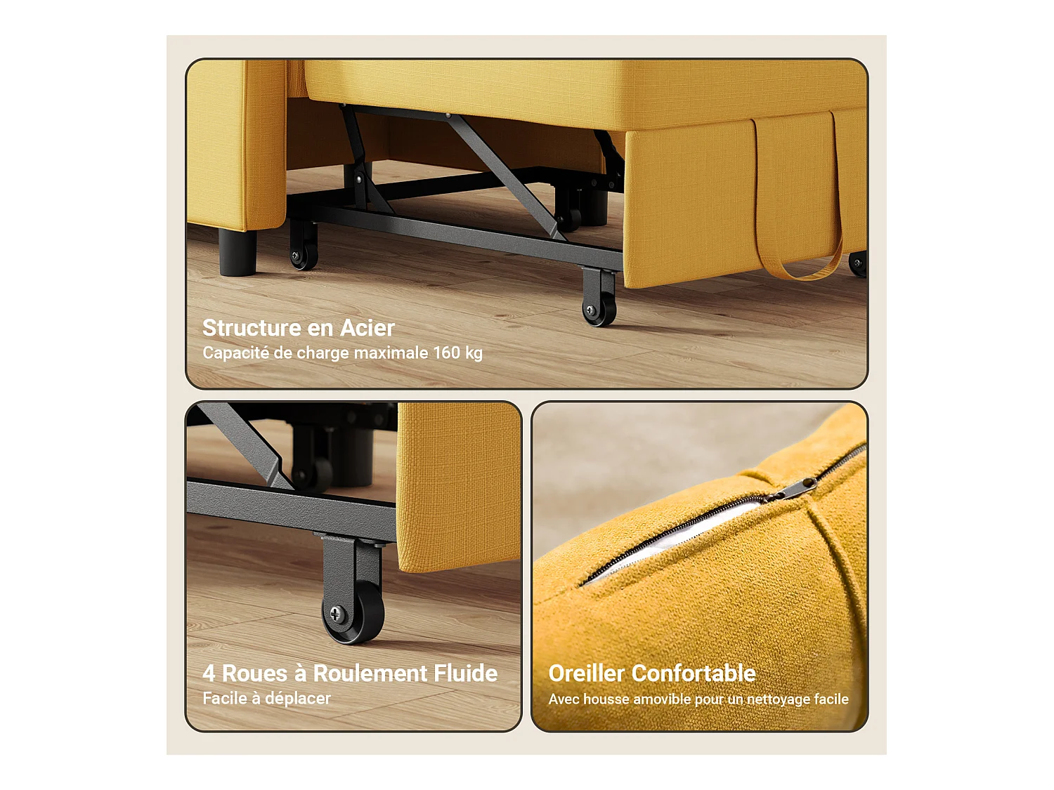 Fauteuil Convertible Bealife Fauteuil Lit Canapé 1 Place Chaise Longue Coussin Roues,Jaune