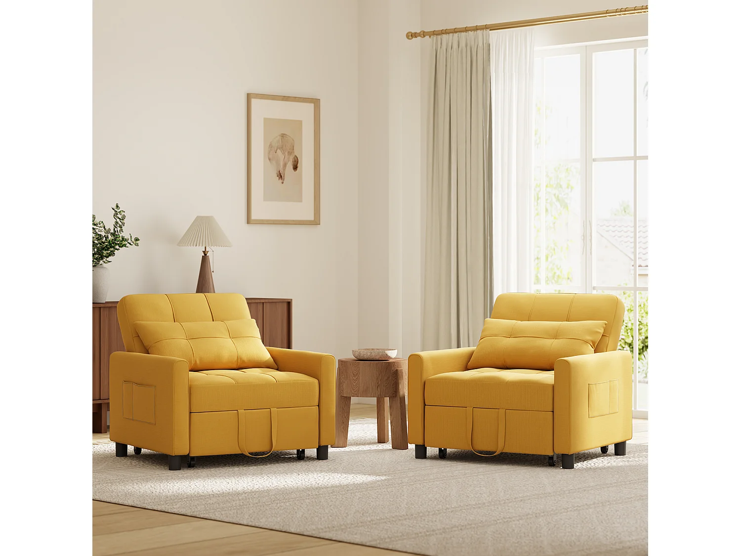 Fauteuil Convertible Bealife Fauteuil Lit Canapé 1 Place Chaise Longue Coussin Roues,Jaune