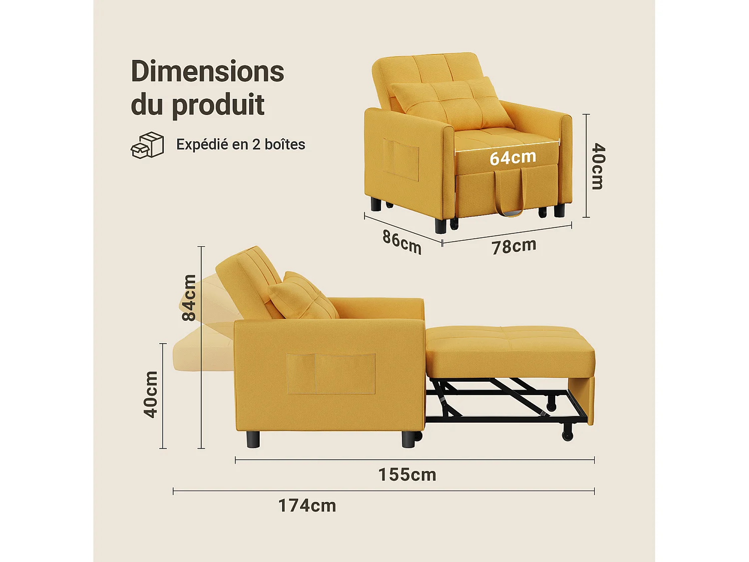 Fauteuil Convertible Bealife Fauteuil Lit Canapé 1 Place Chaise Longue Coussin Roues,Jaune