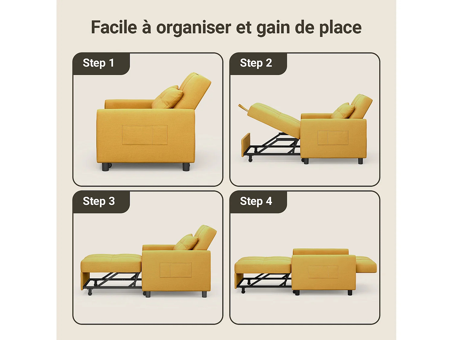 Fauteuil Convertible Bealife Fauteuil Lit Canapé 1 Place Chaise Longue Coussin Roues,Jaune
