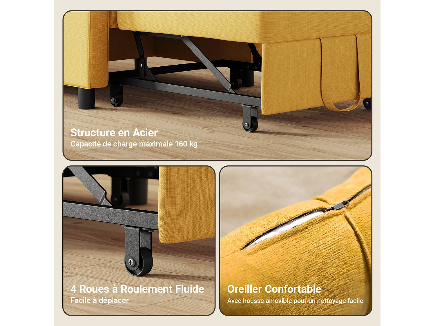 Fauteuil Convertible Bealife Fauteuil Lit Canapé 1 Place Chaise Longue Coussin Roues,Jaune
