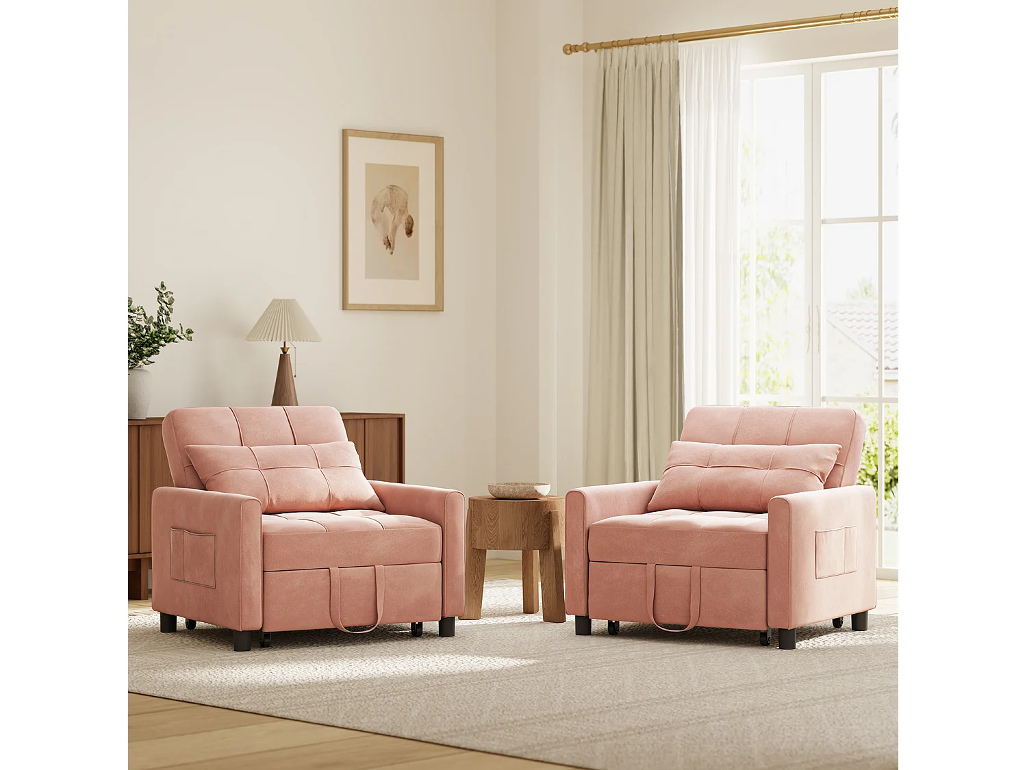 Fauteuil Convertible Bealife Fauteuil Lit Canapé 1 Place Chaise Longue Coussin Roues,Rose