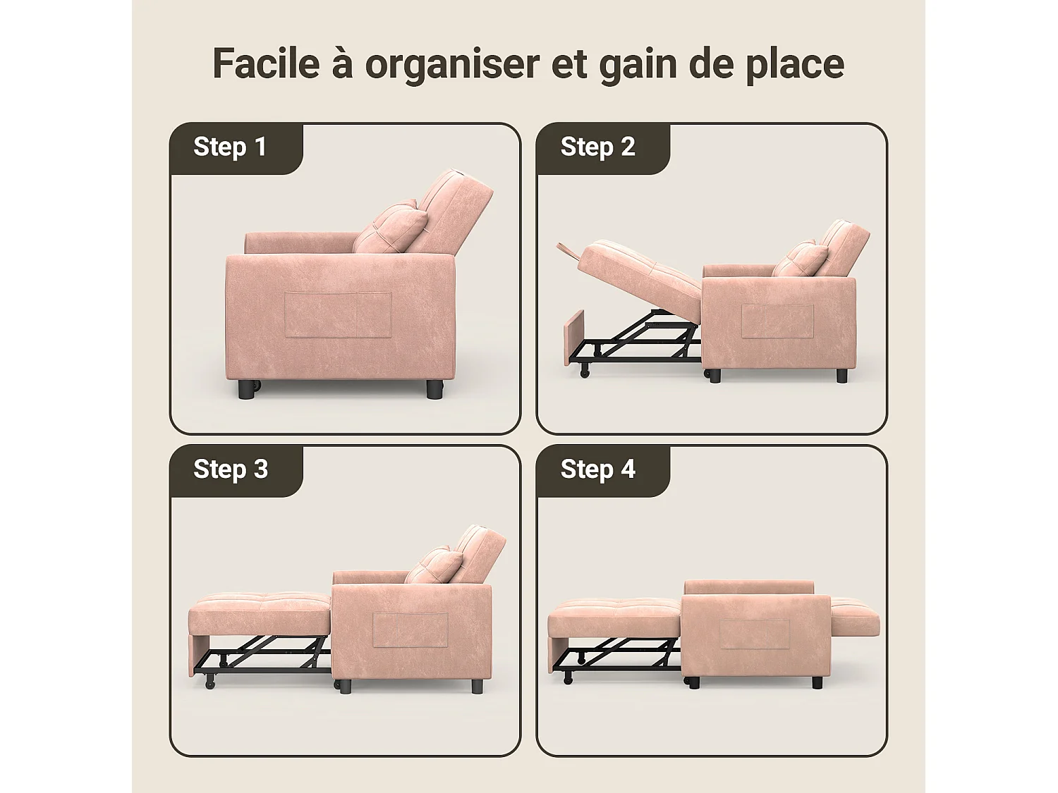 Fauteuil Convertible Bealife Fauteuil Lit Canapé 1 Place Chaise Longue Coussin Roues,Rose