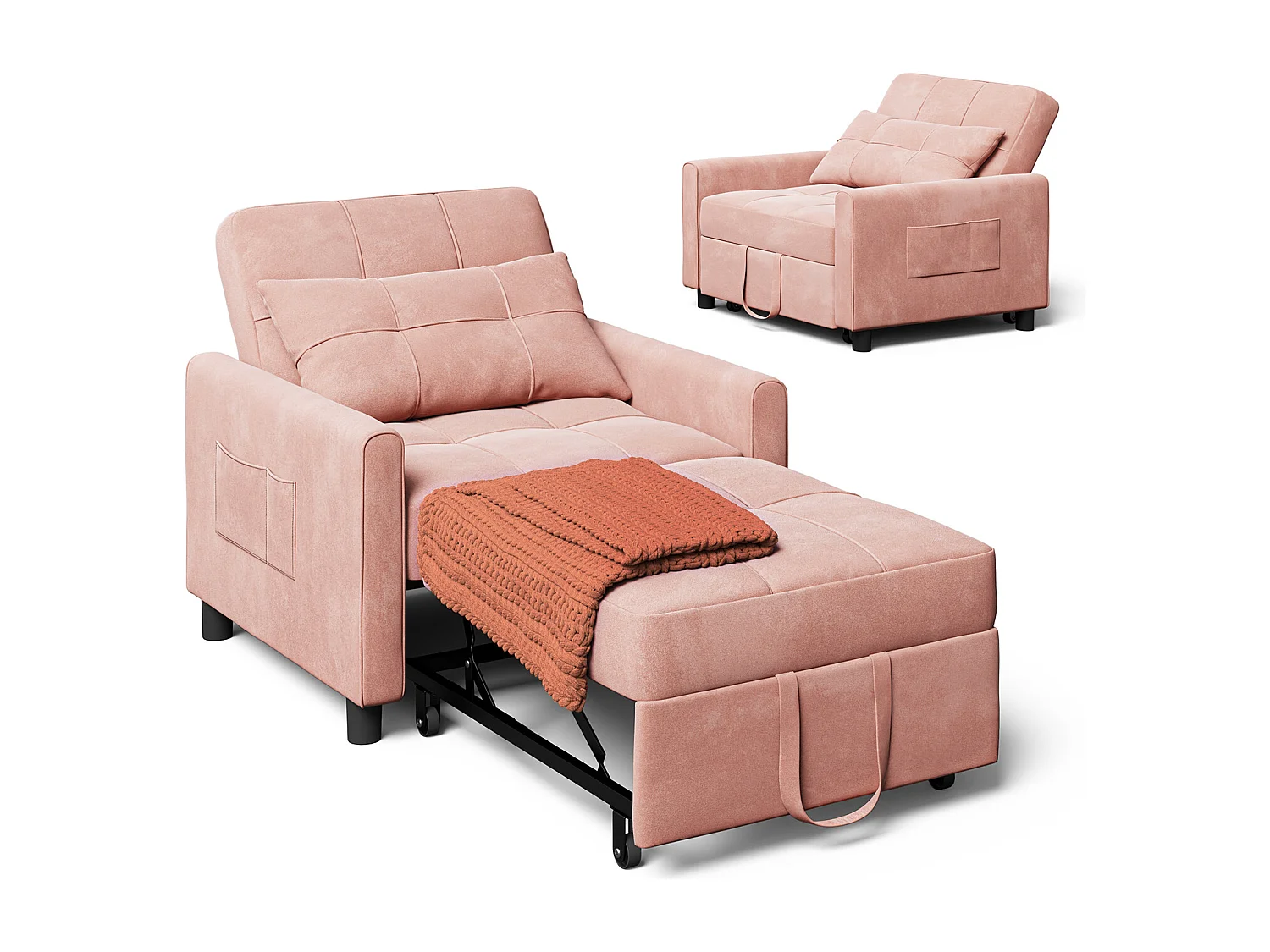 Fauteuil Convertible Bealife Fauteuil Lit Canapé 1 Place Chaise Longue Coussin Roues,Rose