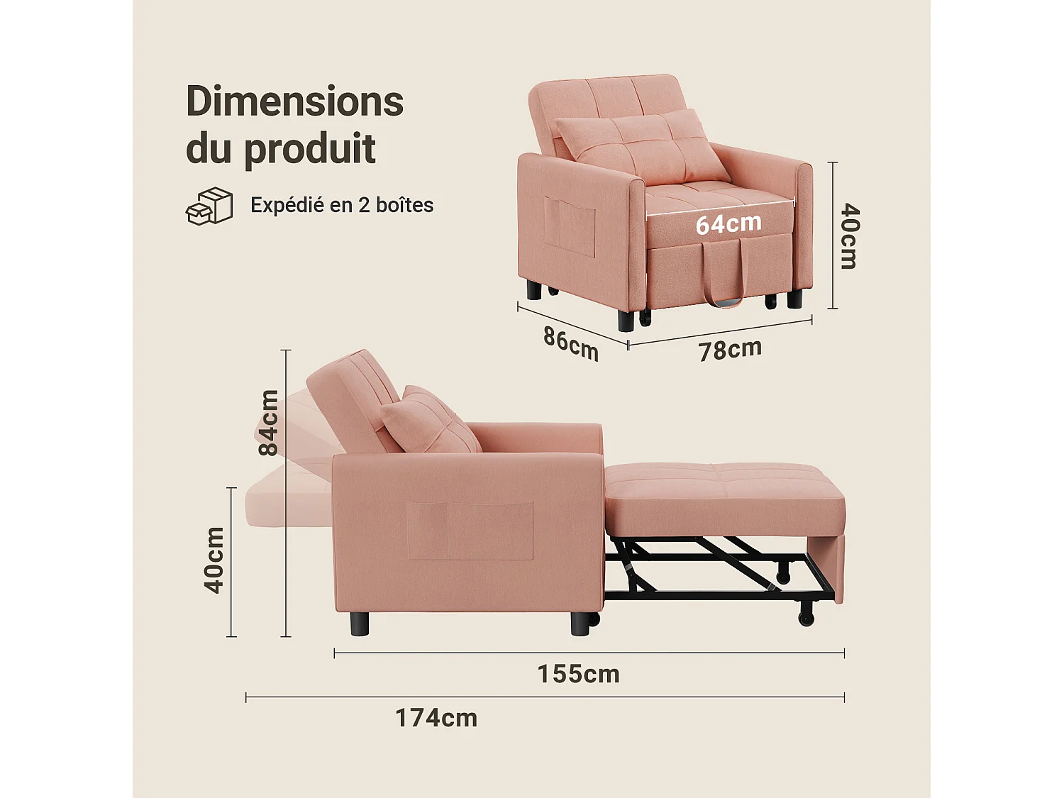 Fauteuil Convertible Bealife Fauteuil Lit Canapé 1 Place Chaise Longue Coussin Roues,Rose