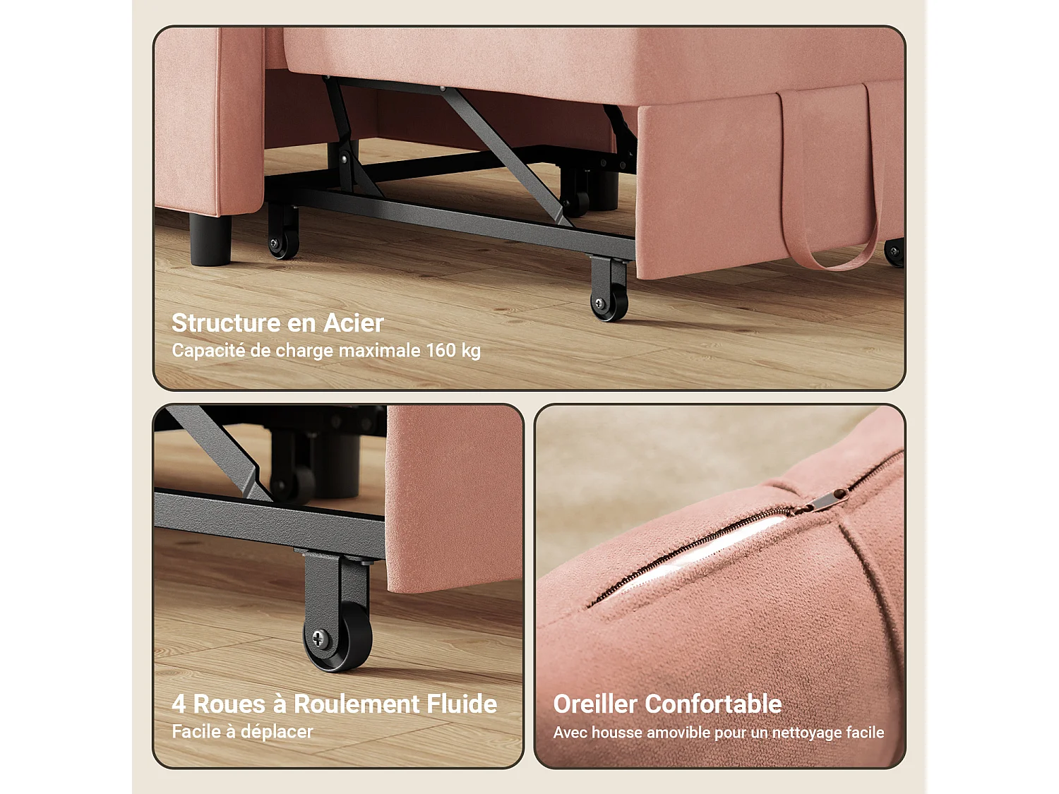 Fauteuil Convertible Bealife Fauteuil Lit Canapé 1 Place Chaise Longue Coussin Roues,Rose