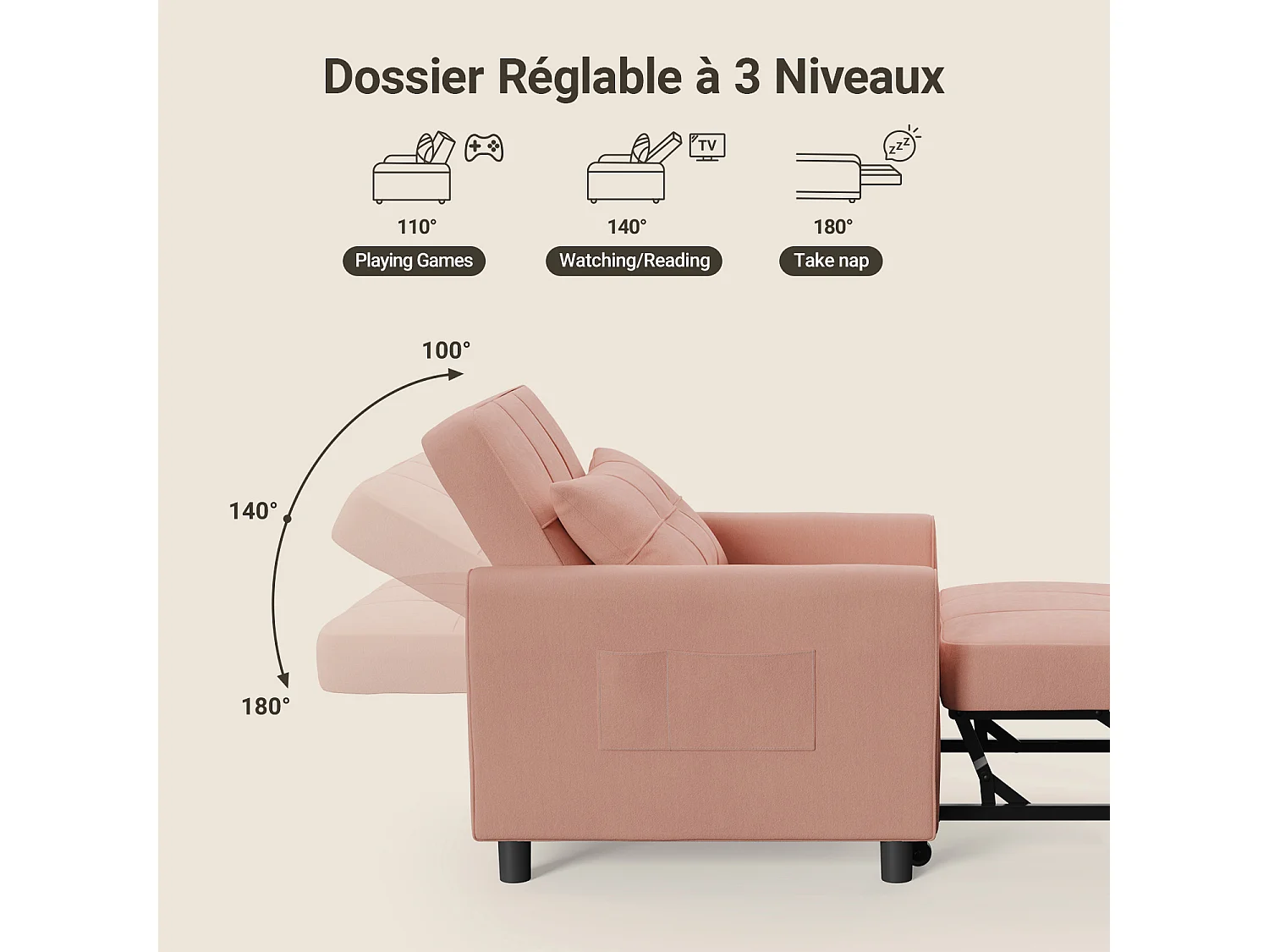 Fauteuil Convertible Bealife Fauteuil Lit Canapé 1 Place Chaise Longue Coussin Roues,Rose